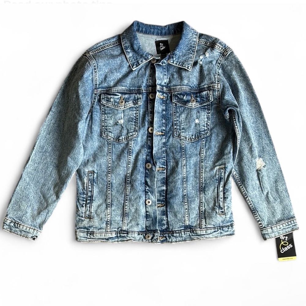 Art Class Cotton Distressed Oversized Denim Jacket Hip Length Girls XL 14